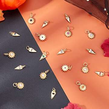 PH PandaHall Evil Eye Charm, 20pcs 2 Styles Real 18K Gold Plated Heart/Sun Cubic Zirconia Evil Eye Pendants Halloween Charms with Jump Ring for DIY Dangle Bracelet Earring Jewelry DIY Craft, Golden