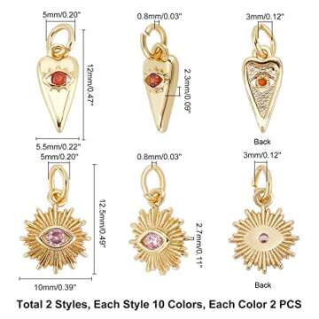 PH PandaHall Evil Eye Charm, 20pcs 2 Styles Real 18K Gold Plated Heart/Sun Cubic Zirconia Evil Eye Pendants Halloween Charms with Jump Ring for DIY Dangle Bracelet Earring Jewelry DIY Craft, Golden