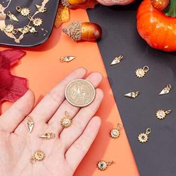 PH PandaHall Evil Eye Charm, 20pcs 2 Styles Real 18K Gold Plated Heart/Sun Cubic Zirconia Evil Eye Pendants Halloween Charms with Jump Ring for DIY Dangle Bracelet Earring Jewelry DIY Craft, Golden