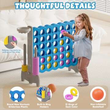 67i Jumbo Yard Game Giant 4 in a Row to Score Giant for Kids and Adults Outdoor with 42 Rings Quick Release Slider Holiday Party Family Backyard (Grey Blue)