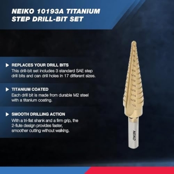 Neiko Titanium Step Bits - 3-Piece Unibit Set for All Drilling Needs