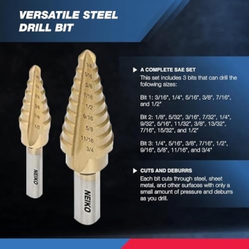 Neiko Titanium Step Bits - 3-Piece Unibit Set for All Drilling Needs