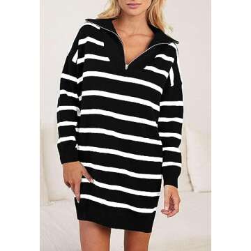 Pink Queen Women's Fall Knit Striped Sweater Dresses V Neck Long Sleeve Ribbed Sweaters Top Mini Short Dress Black XL