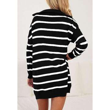 Pink Queen Women's Fall Knit Striped Sweater Dresses V Neck Long Sleeve Ribbed Sweaters Top Mini Short Dress Black XL