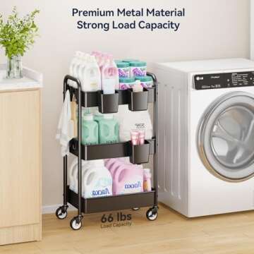 YASONIC 3 Tier Rolling Cart - Metal Utility Cart with Wheels, Hanging Cups, Hooks, Heavy Duty Mesh Rolling Storage Cart Organizer, Craft Cart for Kitchen Office, Lightweight and Sturdy