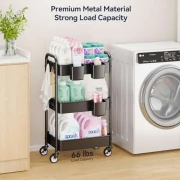 YASONIC 3 Tier Rolling Cart - Metal Utility Cart with Wheels, Hanging Cups, Hooks, Heavy Duty Mesh Rolling Storage Cart Organizer, Craft Cart for Kitchen Office, Lightweight and Sturdy