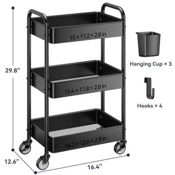 YASONIC 3 Tier Rolling Cart - Metal Utility Cart with Wheels, Hanging Cups, Hooks, Heavy Duty Mesh Rolling Storage Cart Organizer, Craft Cart for Kitchen Office, Lightweight and Sturdy