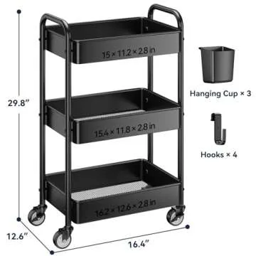 YASONIC 3 Tier Rolling Cart - Metal Utility Cart with Wheels, Hanging Cups, Hooks, Heavy Duty Mesh Rolling Storage Cart Organizer, Craft Cart for Kitchen Office, Lightweight and Sturdy