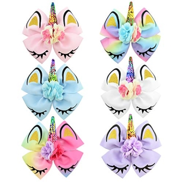 Unicorn Hair Bows for Kids & Toddlers - 6 Pack
