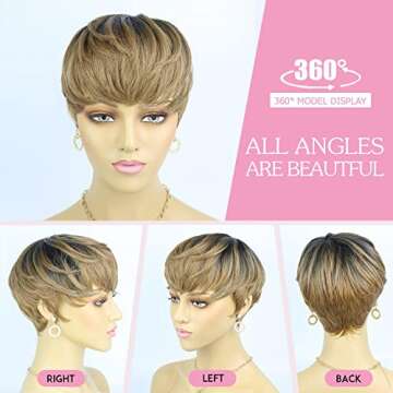 Evasens Short Pixie Cut Wigs with Bangs Natural Straight Hair Synthetic Wigs for Black Women Black wig Layered Wavy Wigs Cute Daily Wear Wig (Ombre R2/30#)