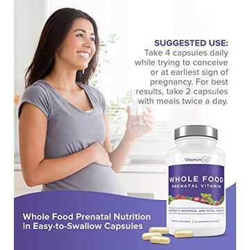 Whole Food Prenatal Vitamins (120 Capsules) Natural Support for Maternal and Fetal Health, Prenatal Multivitamin for Women with Choline, B Vitamins and More, Vegan, No Soy, Gluten or Dairy