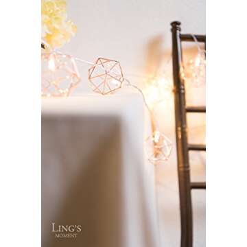 Ling's moment Rose Gold Geometric Metal LED String Lights AA Battery Powered 5.2FT 10-Lights for Wedding Minimalist Boho Decor Rose Gold Room Decor Birthday Party Bridal/Baby Shower Decor (Soft White)