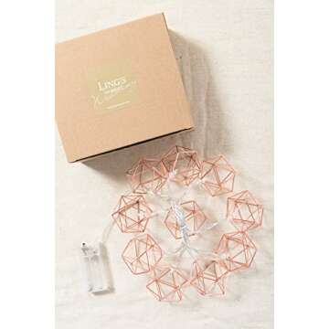 Ling's moment Rose Gold Geometric Metal LED String Lights AA Battery Powered 5.2FT 10-Lights for Wedding Minimalist Boho Decor Rose Gold Room Decor Birthday Party Bridal/Baby Shower Decor (Soft White)