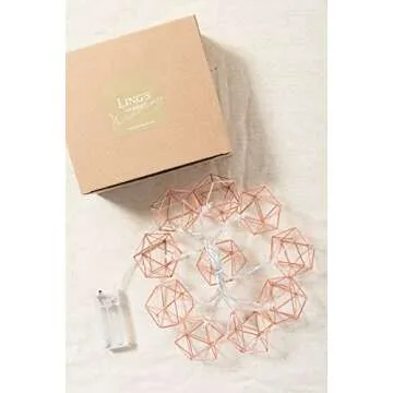 Ling's moment Rose Gold Geometric Metal LED String Lights AA Battery Powered 5.2FT 10-Lights for Wedding Minimalist Boho Decor Rose Gold Room Decor Birthday Party Bridal/Baby Shower Decor (Soft White)
