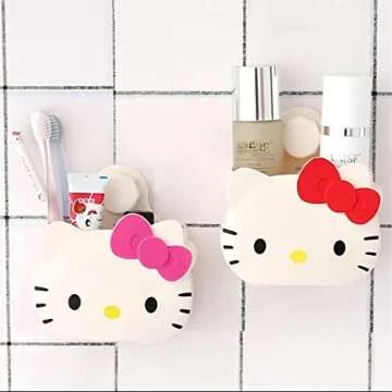 Cute Hello Kitty Toothbrush Holders for Bathroom Organizer,Self Adhesive Wall Mounted Shower Caddy,Cute Shower Organizer Shelves for Women Girls Kids Gift, Bathroom Decor/Vanity/Office Storage (Pink)