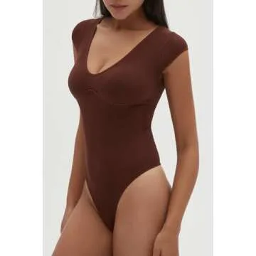 CHYRII Womens Sexy Summer V Neck Bodysuit Tops Cap Short Sleeve Going Out Tops Coffee M