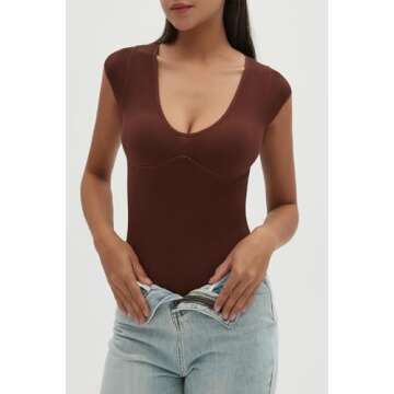 CHYRII Womens Sexy Summer V Neck Bodysuit Tops Cap Short Sleeve Going Out Tops Coffee M