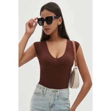 CHYRII Womens Sexy Summer V Neck Bodysuit Tops Cap Short Sleeve Going Out Tops Coffee M