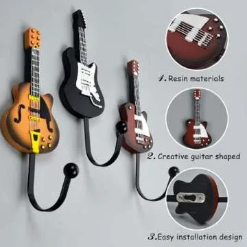 KUNGYO Vintage Guitar Shaped Decorative Hooks Rack Hangers for Hanging Clothes Coats Towels Keys Hats Metal Resin Hooks Wall Mounted Heavy Duty (3-Pack) (Guitar Hook-B)