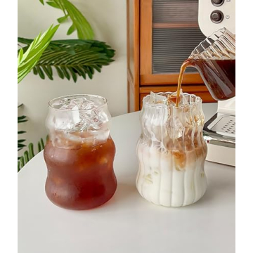YANOOLH 2 Pcs Glass Cups 18 Oz Ribbed Glassware Vintage Cocktail Glasses for Iced Coffee Juice Bever...