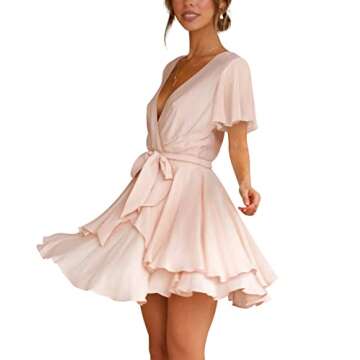 FOWSMON Womens Short Sleeve Deep V Neck Summer Short Dress Casual Swing Mini Dresses Pink M