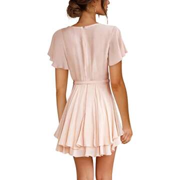FOWSMON Womens Short Sleeve Deep V Neck Summer Short Dress Casual Swing Mini Dresses Pink M