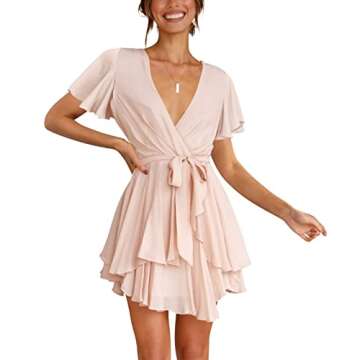 FOWSMON Womens Short Sleeve Deep V Neck Summer Short Dress Casual Swing Mini Dresses Pink M