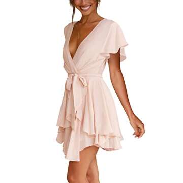 FOWSMON Womens Short Sleeve Deep V Neck Summer Short Dress Casual Swing Mini Dresses Pink M