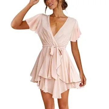FOWSMON Womens Short Sleeve Deep V Neck Summer Short Dress Casual Swing Mini Dresses Pink M