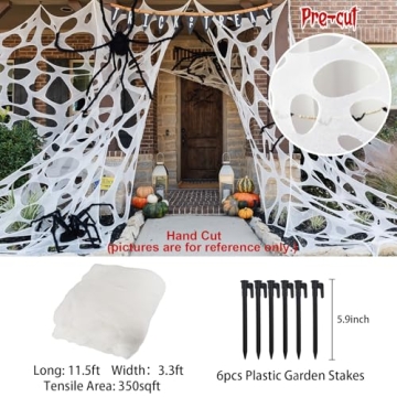 Giant Beef Netting Spider Webs Halloween Decorations, Pre-Cut Super Stretchy DIY Spider Webbing with Stakes, Gauze Spiderwebs Cobwebs for Haunted House Yard Garden Tree Halloween Party Outdoor Decor