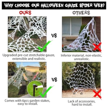 Giant Beef Netting Spider Webs Halloween Decorations, Pre-Cut Super Stretchy DIY Spider Webbing with Stakes, Gauze Spiderwebs Cobwebs for Haunted House Yard Garden Tree Halloween Party Outdoor Decor