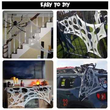 Giant Beef Netting Spider Webs Halloween Decorations, Pre-Cut Super Stretchy DIY Spider Webbing with Stakes, Gauze Spiderwebs Cobwebs for Haunted House Yard Garden Tree Halloween Party Outdoor Decor