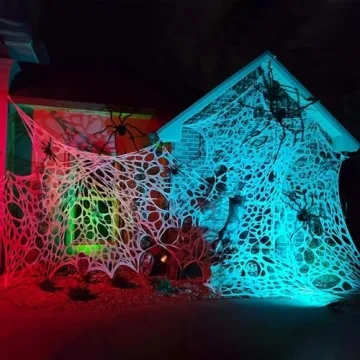 Giant Beef Netting Spider Webs Halloween Decorations, Pre-Cut Super Stretchy DIY Spider Webbing with Stakes, Gauze Spiderwebs Cobwebs for Haunted House Yard Garden Tree Halloween Party Outdoor Decor