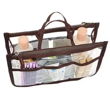 Vercord Translucent Purse Handbag Tote Pocketbook Bag Organizer Insert with Zipper Handle for Women Medium Brown