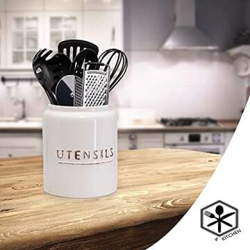Kitchen Utensil Holder for Countertop, Rustic Ceramic Utensil Crock, Vintage Farmhouse Kitchen Déco...