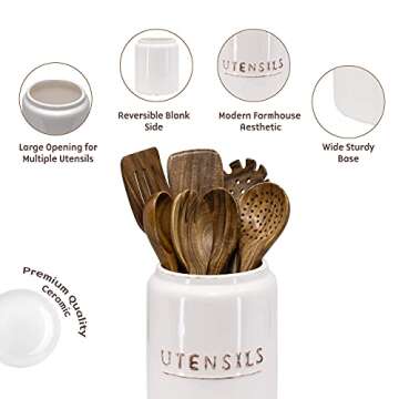 Kitchen Utensil Holder for Countertop, Rustic Ceramic Utensil Crock, Vintage Farmhouse Kitchen Décor, Deep, Tall, and Stable, Easy to Use and Clean