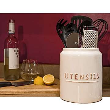 Kitchen Utensil Holder for Countertop, Rustic Ceramic Utensil Crock, Vintage Farmhouse Kitchen Décor, Deep, Tall, and Stable, Easy to Use and Clean