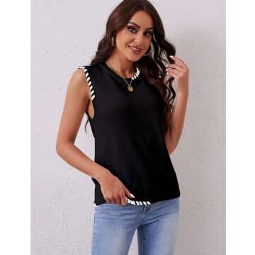 fumelex Womens Sweater Vest Contrast Seam Knitted Vest Casual Crew Neck Sleeveless Pullover Sweater ...