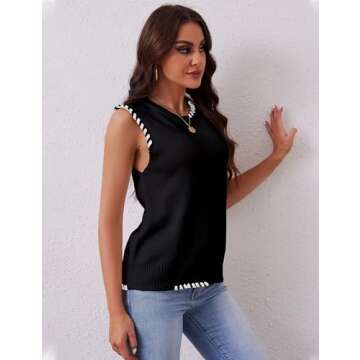fumelex Womens Sweater Vest Contrast Seam Knitted Vest Casual Crew Neck Sleeveless Pullover Sweater Tank Tops(Black-M)