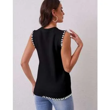 fumelex Womens Sweater Vest Contrast Seam Knitted Vest Casual Crew Neck Sleeveless Pullover Sweater Tank Tops(Black-M)