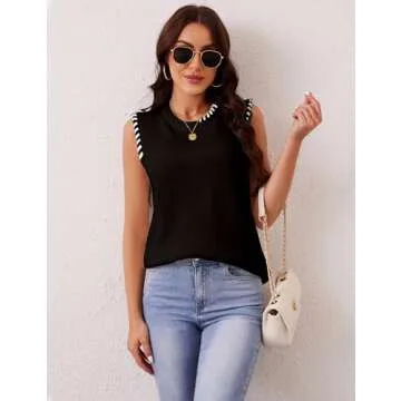 fumelex Womens Sweater Vest Contrast Seam Knitted Vest Casual Crew Neck Sleeveless Pullover Sweater Tank Tops(Black-M)
