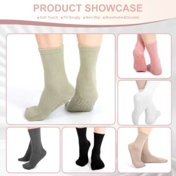 Ivyhouse Yoga Socks for Women Non-Slip Grips, Pilates Ballet Barre Socks, Crew Length Gripper Socks with Anti-Skid Soles, 4 Pairs, White*4