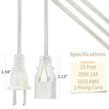 Zlierop 15 Ft Clear Extension Cord - 2 Pack, UL-Certified
