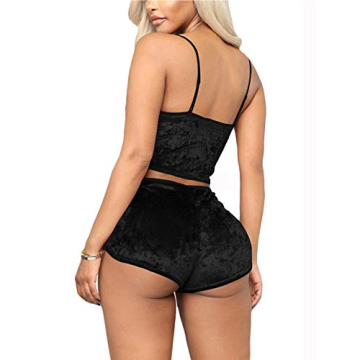 Springcmy Women's Velvet 2PCS Pajama Set in Black - Chic Comfort