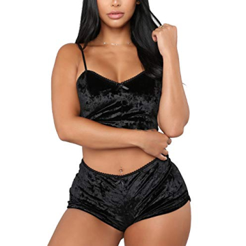 Springcmy Women's Velvet 2PCS Pajama Set in Black - Chic Comfort