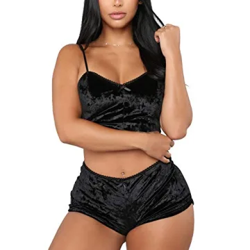 Springcmy Women's Velvet 2PCS Pajama Set in Black - Chic Comfort