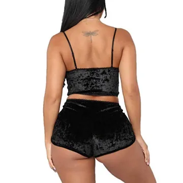 Springcmy Women's Velvet 2PCS Pajama Set in Black - Chic Comfort