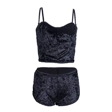 Springcmy Women's Velvet 2PCS Pajama Set in Black - Chic Comfort