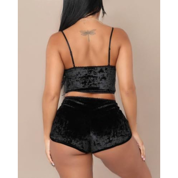 Springcmy Women's Velvet 2PCS Pajama Set in Black - Chic Comfort