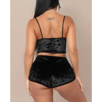 Springcmy Women's Velvet 2PCS Pajama Set in Black - Chic Comfort